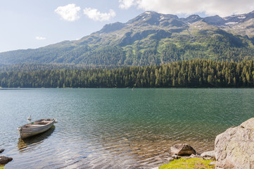 St. Moritz, St. Moritzersee, Bergsee, Oberengadin, Engadin, Alpen, Piz da Staz, Rosatschgruppe, Stazerwald, Wanderweg, Uferweg, Wassersport, Graubünden, Sommer, Schweiz