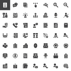 Business interview vector icons set, modern solid symbol collection, filled style pictogram pack. Signs, logo illustration. Set includes icons as Resume, Conversation, Profiles, Rating, Recruitment