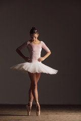 Naklejka premium Young beautiful ballerina is posing in studio