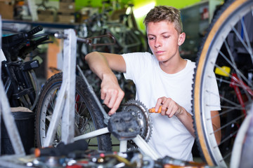 friendly professional man repairing bicycles in the workshop