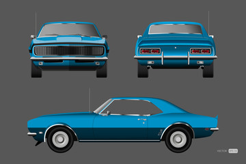 Retro car of 1960s. Blue american vintage automobile in realistic style. Front, side and back view. 3d classic auto