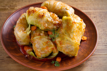 Stuffed cabbage leaves with meat, rice and vegetables. Chou farci, dolma, sarma, sarmale, golubtsy or golabki - popular dish in many countries. horizontal