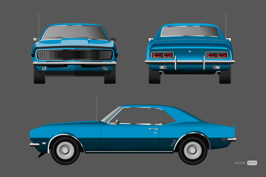 Retro car of 1960s. Blue american vintage automobile in realistic style. Front, side and back view. 3d classic auto