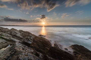 coast, rocks, sun, clouds, reflections, sea, sunset,