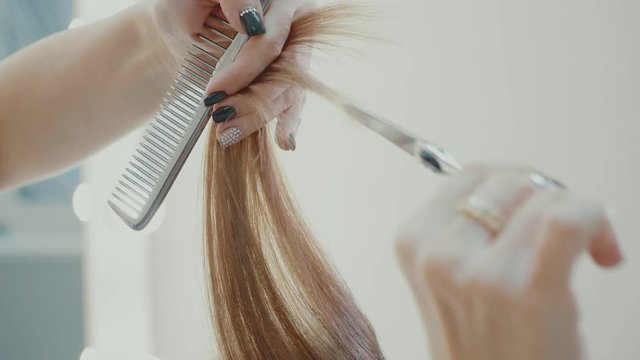 Female hairdresser cutting hair tips with hairdressing scissors in beauty salon.