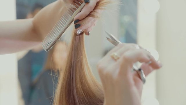 Female hairdresser cutting hair tips with hairdressing scissors in beauty salon.