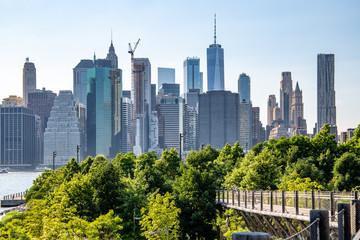 New York, City / USA - JUL 10 2018: Lower Manhattan skyline daylight view from Brooklyn Queens...