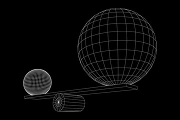 Simple seesaw scales weighing big and small abstract spheres. Balance, comparison and equality concept. . Wireframe low poly mesh vector illustration