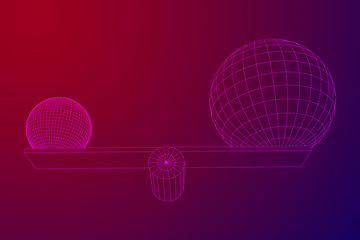 Simple seesaw scales weighing big and small abstract spheres. Balance, comparison and equality concept. . Wireframe low poly mesh vector illustration