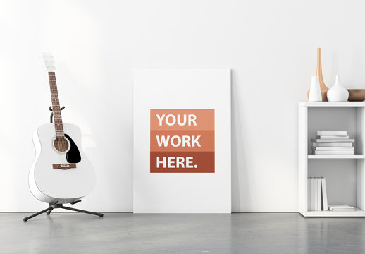 Canvas Poster with White Acoustic Guitar Mockup