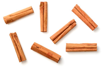 closeup of Ceylon cinnamon sticks isolated on the white background, top view