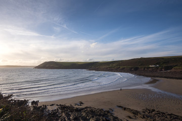 Looking out across the wide bay at Manorbier Pembrokeshire Coast National Park Pembrokeshire Wales