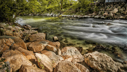 Fototapeta na wymiar The Mountain River Le Loup in France flowing near the town Villeneuve Loubet