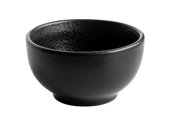 Small black empty ceramic bowl isolated on white.