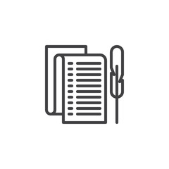 Parchment paper and feather pen outline icon. linear style sign for mobile concept and web design. Writing simple line vector icon. Symbol, logo illustration. Pixel perfect vector graphics