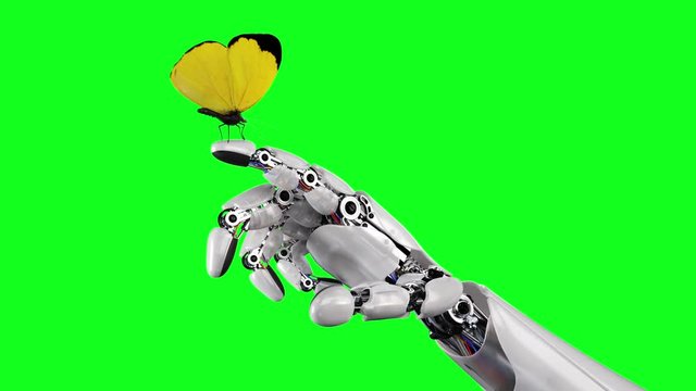 Yellow Butterfly Lands on the Robot's Hand on a Green Background. Beautiful 3d animation, 4K. see more options in my portfolio