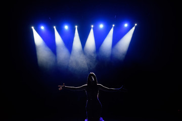 Obraz premium Singer performing on stage with lights. Concert. View from the auditorium.