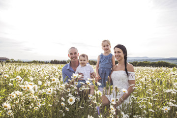 Happy family having fun on daisy field at sunset
