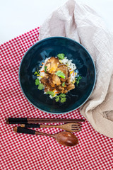 Vietnamese style caramel pork with rice and vegetable