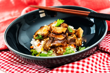 Vietnamese style caramel pork with rice and vegetable