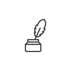 Inkwell and feather pen outline icon. linear style sign for mobile concept and web design. Ink bottle and quill pen simple line vector icon. Symbol, logo illustration. Pixel perfect vector graphics