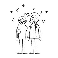 young couple together with hearts icon