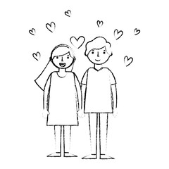 young couple together with hearts icon