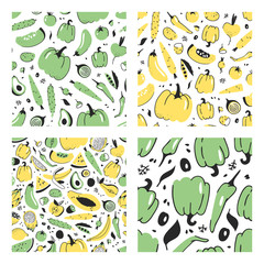 Set of hand drawn seamless pattern with fruits and vegetables. Vector artistic illustration food. Vegan drawing papaya, pumpkin, cucumber, beetroot, tomato, potato, pepper, carrot, banana, pear, apple
