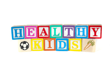 Colorful wooden blocks spell Healthy Kids