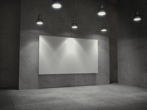 Empty frame in concrete lamps light spot.3D rendering.