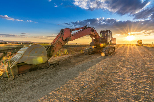 Modern excavator machine in remote area on site