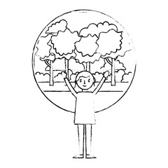 young woman with hands up in landscape isolated icon