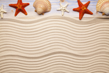 Marine background - beach sand, shells and starfish on wooden plank