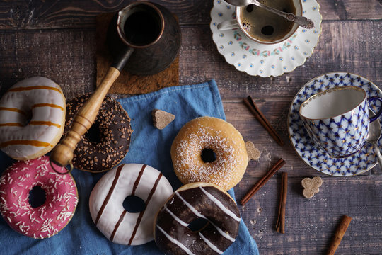 Coffee Cup, coffee pot and donuts, flatley