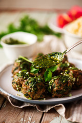 Chimichurri Whole Meatballs with Swiss Chard.