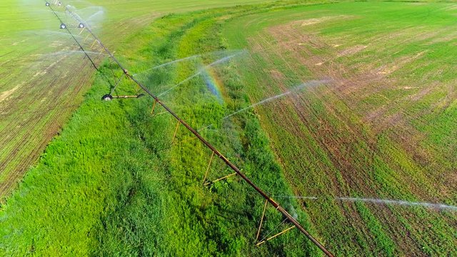 Industrial, agricultural field sprinkler irrigation system, aerial view. If you look closely, you might see some rainbows!