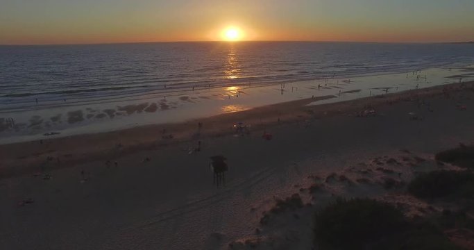 Aerial - Beatiful beach with sun umbrellas and beach restaurant
