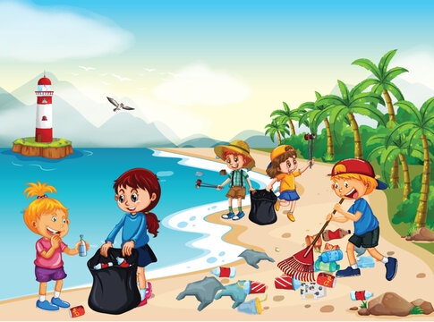 Volunteer Children Cleaning Beach