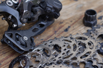 bicycle repair and cleaning process, cycle parts close up, bike workshop 