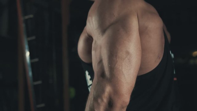 Bodybuilder doing biceps exercise with barbell in dark gym in slow motion. Health and fitness concept