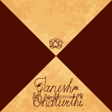 Ganesh Chaturthi. Indian festival. Handmade text. Elephant head, paisley, dagger, lotus. The background is divided by a diagonal. Place for your text