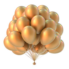 party balloons bunch colorful golden. birthday decoration helium balloon group yellow. holiday event, anniversary celebration, carnival symbol. 3d illustration