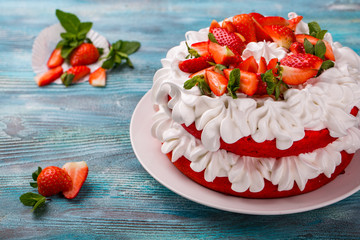 Homemade strawberry cheese cake with cream