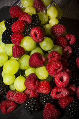 Varied fruit, blackberry, raspberry and grapes