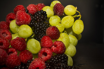 Varied fruit, blackberry, raspberry and grapes