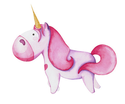 Pink unicorn isolated on white background. Drawing with watercolor.