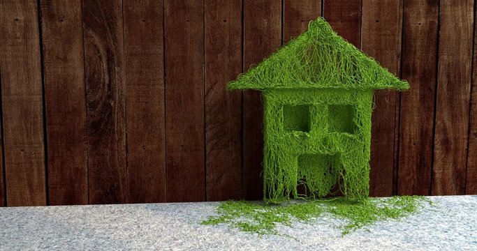 Ein Haus w&auml;chst aus Pflanzen. Im Hintergrund steht ein dunkler Zaun. Symbol f&uuml;r Energie sparen und Nachhaltigkeit.