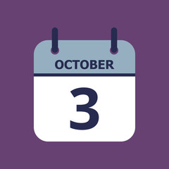 Flat icon calendar 3rd of October isolated on purple background. Vector illustration.