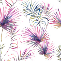 Watercolor summer floral texture. Hand drawn seamless pattern with exotic leaves and branches on white background. Palm tree wallpaper design