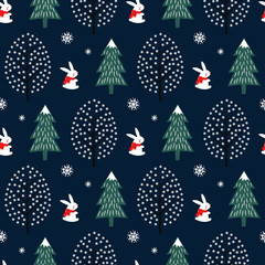 Xmas tree, snowflakes, rabbit seamless pattern on dark blue background. Happy New Year and Merry Xmas nature background. Vector winter design for textile, wrapping paper, fabric, card.